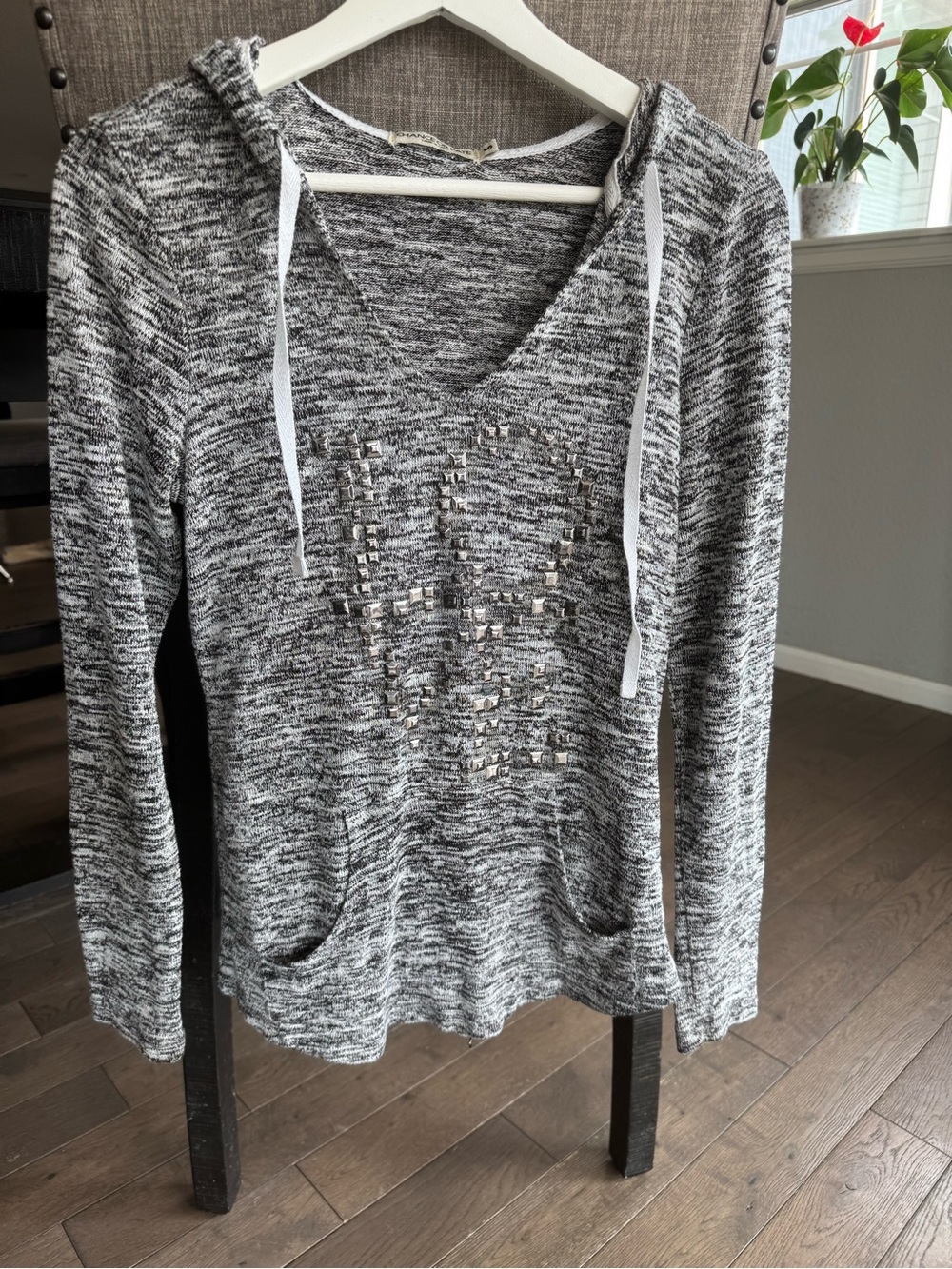 Chance or Fate Gray Heathered Hooded Pullover with Studded Heart